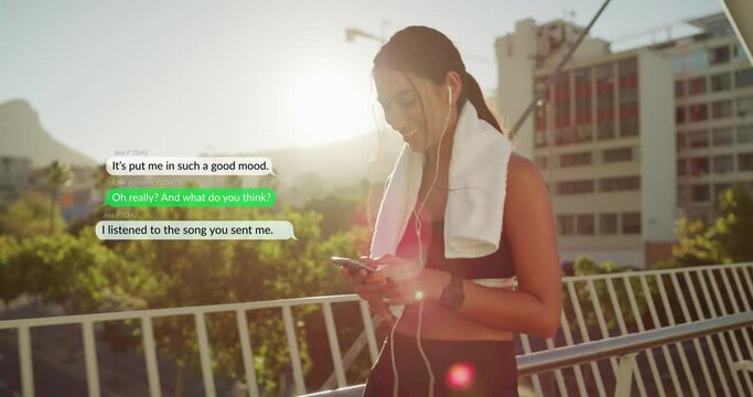 Woman, fitness and social media icons with phone for message notification outdoor on city bridge. Happy female person, sports runner and mobile chat app bubbles with earphones for listening to music