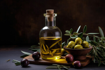 Obraz na płótnie Canvas Olive essential oil and fresh olives on the wooden table. Created with generative AI tools
