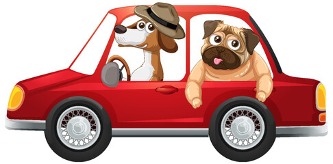 Obraz na płótnie Canvas Two dogs driving red car