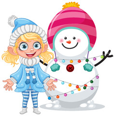 Happy girl with snowman