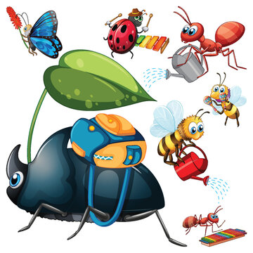 Set of various insects cartoon characters