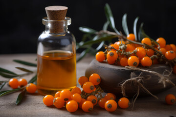 Sea-buckthorn oil essential oil and fresh berries on the wooden table. Created with generative AI tools