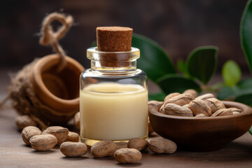 Shea butter extract essential oil and fresh nuts on the wooden table. Created with generative AI tools