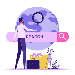 People searching information in internet. Man looking in magnifying glass with search bar. Web search in internet, online surfing, SEO