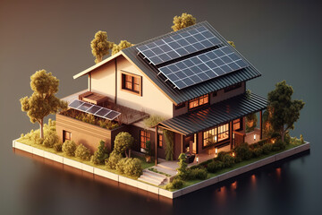 Isometric House with Solar Panels on the Roof. Generative AI