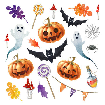 Halloween hand painted set. Hand drawn watercolor spooky funny elements. Halloween funny ghost, pumpkins, bats, candies, potion illustrations. Cartoon style scary template on white background