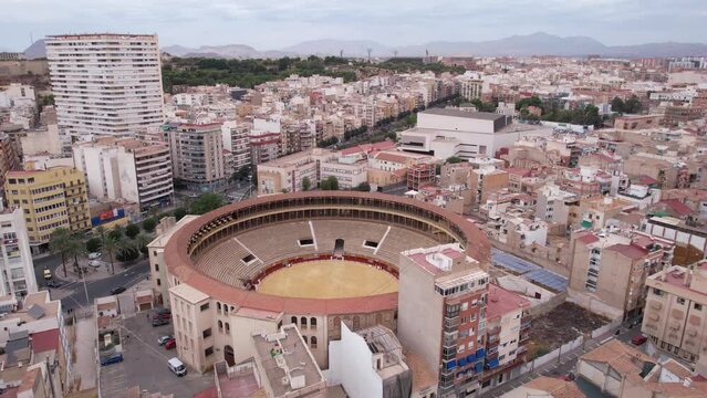 Plaza de Toros, Alicante, Spain. Aerial View of Old Bullfighting Arena Landmark and Cityscape