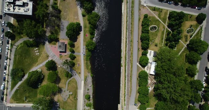 Aerial view over the Canal de Lachine, in sunny Montreal, Canada - top down, drone shot