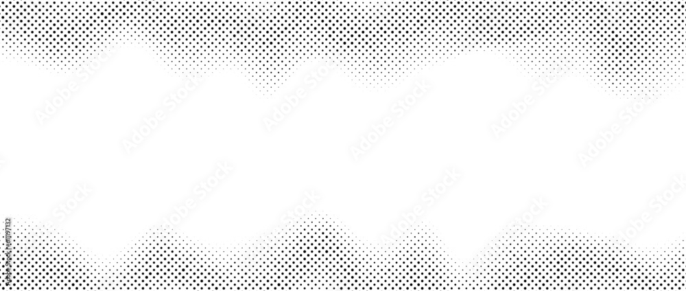 Poster Halftone wavy gradient texture. Faded noise grain wallpaper. Black and white grunge grit surface. Pixelated speckles, dots and particles. Vector frame overlay backdrop