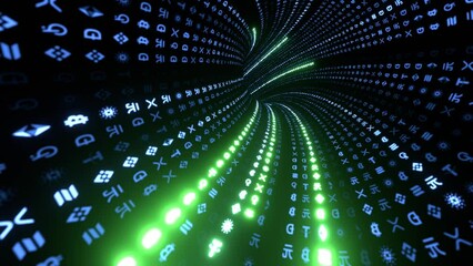 Seamless graphic animation in loop, concept of digital age, encrypted data, cashless wire transfer in light speed, bitcoins, e-wallet, algorithm binary, hud interface, data code, decryption.