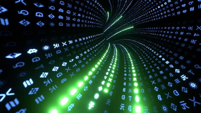 Seamless graphic animation in loop, concept of digital age, encrypted data, cashless wire transfer in light speed, bitcoins, e-wallet, algorithm binary, hud interface, data code, decryption.
