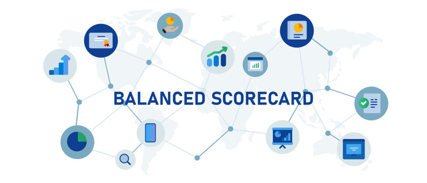 Balanced scorecard score card company internal review management global concept of business interconnected icon set illustration