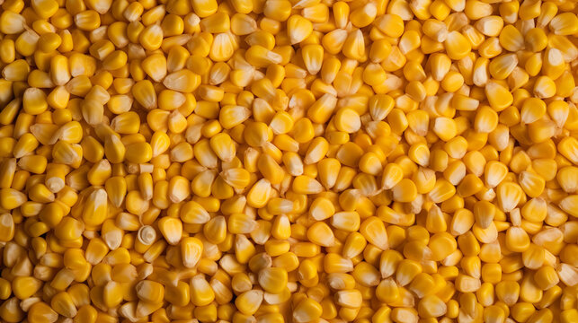 Close up organic corn seed on background. Corn seed or maize. Smash corn on corn grains, whole background. Corn top down view seamless background. Realistic 3D illustration. Generative AI