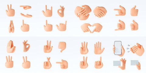 Naklejka na ściany i meble Collection of hand gestures 3D cartoon icon, character hands set, isolated on white background. 3D render illustration