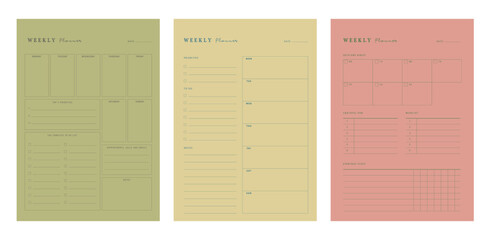 (Nature) Weekly Planner. Minimalist planner template set. Vector illustration.	 