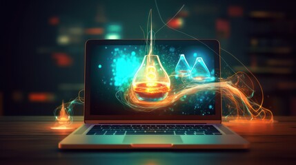 A laptop monitor screen in digital global network hologram technology concept. AI generated illustration 
