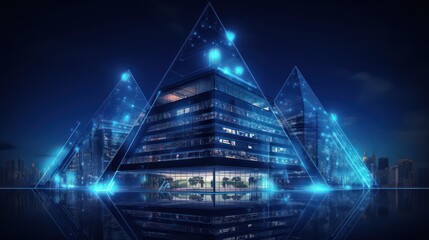AI Generating picture of a triangles corporate building and neon lights on the abstract architecture background.