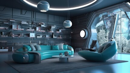 AI generated picture of a modern living room interior with a comfortable furniture and media icons and a neon light background.
