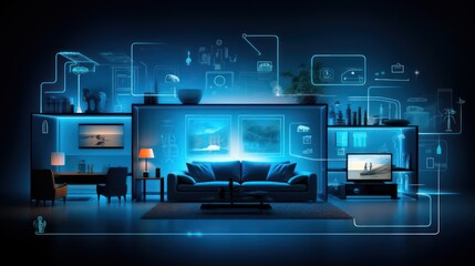 AI generated picture of a modern living room interior with a comfortable furniture and media icons and a neon light background.