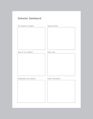 Semester Dashboard. Minimalist planner template set. Vector illustration.