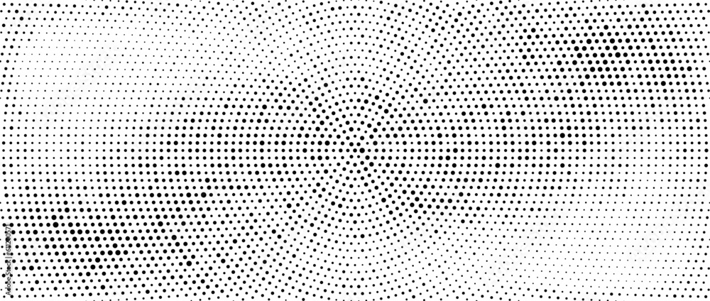 Aufkleber Radial halftone gradient background. Dotted stains concentric texture with fading effect. Black and white circle shade wallpaper. Grunge rough vector. Monochrome geometric backdrop 