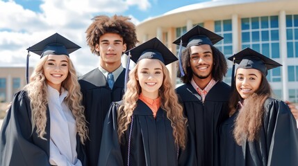 Portrait Group Diversity graduate college student at university outdoor, Generative AI