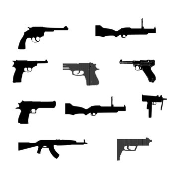 Weapon silhouettes set. Old and Modern Guns, automatic Guns. Set of various modern weapons.