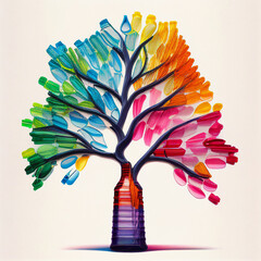 An illustration of a tree made from plastic bottles. The tree stands tall, its branches formed by colorful plastic bottles. Generative AI