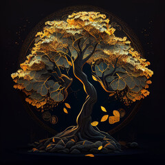 An illustration of a tree full of gold coins, showcasing opulence and abundance. The vibrant hues of the coins shimmer in a warm, golden color temperature. Generative AI