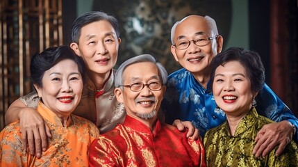 Fototapeta premium portrait group Asian Chinese senior friends having fun in the city, generative AI