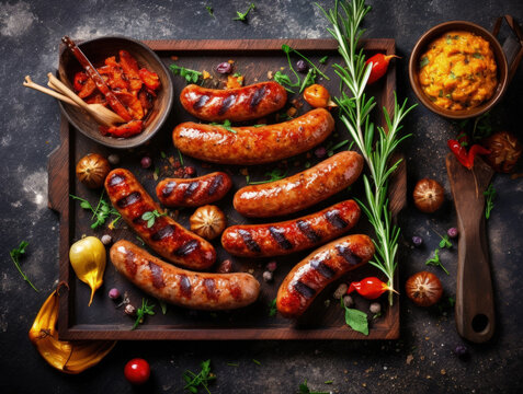 Grilled sausages on dark background