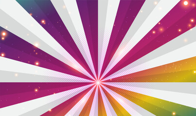 Abstract background with striped radial pattern with sun rays. Colorful sunburst background with rays and glowing light effect. Radial. Magic, festival. Comics, Modern pop art style. Vector EPS10.