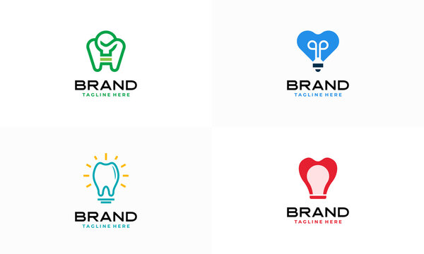 Set of Dental Health Clinic logo concept vector, Light bulb shape tooth glow symbol idea creative vector illustration.