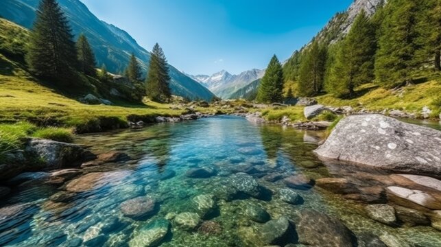 Mountain river with clear water in the Alps. Beautiful summer landscape