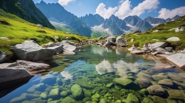 Panoramic view of a mountain lake in Tatra mountains, Poland