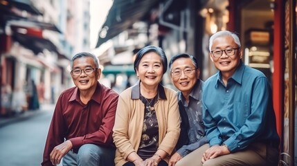 Obraz premium portrait group Asian Chinese senior friends having fun in the city, generative AI
