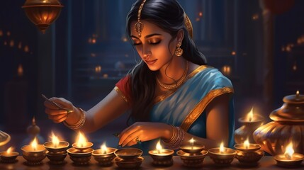 Indian girl lighting lamps for Diwali festival, 3d illustration, Generative Ai