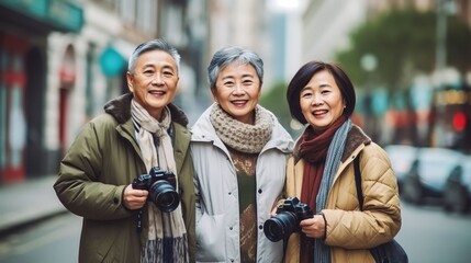 Obraz premium portrait group Asian Chinese senior friends having fun in the city, generative AI