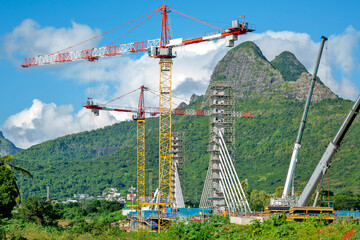 Bridge construction across the Gand River North West in BeauBassin, Mauritius.