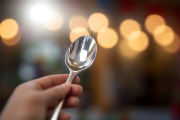 A hand holding a shining silver spoon reflecting light. generative AI