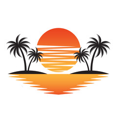 Palm Tree With Sunset at The Beach or Island. Sunset and Palm Tree Logo. Summer Beach Logo. Tropical or Paradise Island in Summer. Vector Illustration. 