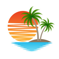 Fototapeta na wymiar Palm Tree With Sunset at The Beach or Island. Sunset and Palm Tree Logo. Summer Beach Logo. Tropical or Paradise Island in Summer. Vector Illustration. 