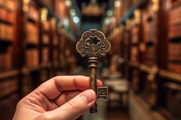 A hand holding an antique bronze key. generative AI