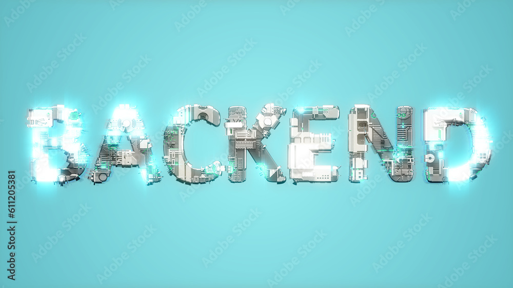 Poster modern shining cybernetical text backend on blue background - abstract 3d rendering
