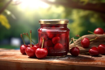 A jar of tangy cherry compote with a cherry tree. generative AI - obrazy, fototapety, plakaty