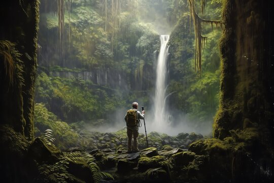 A photographer facing a majestic waterfall. generative AI