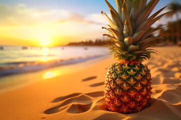 A pineapple standing upright on a sandy beach. generative AI
