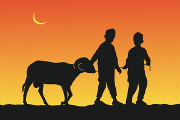 Fototapeta na wymiar Two boy walking with Qurbani goat with evening background 