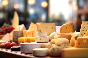 A large selection of international cheeses. generative AI - obrazy, fototapety, plakaty