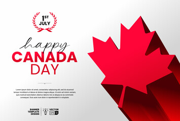 Happy Canada Day Banner Template Design. Canada Day White Background with Red Maple Leaf in Long Shadow Effect. July 1st 2023. Vector Illustration